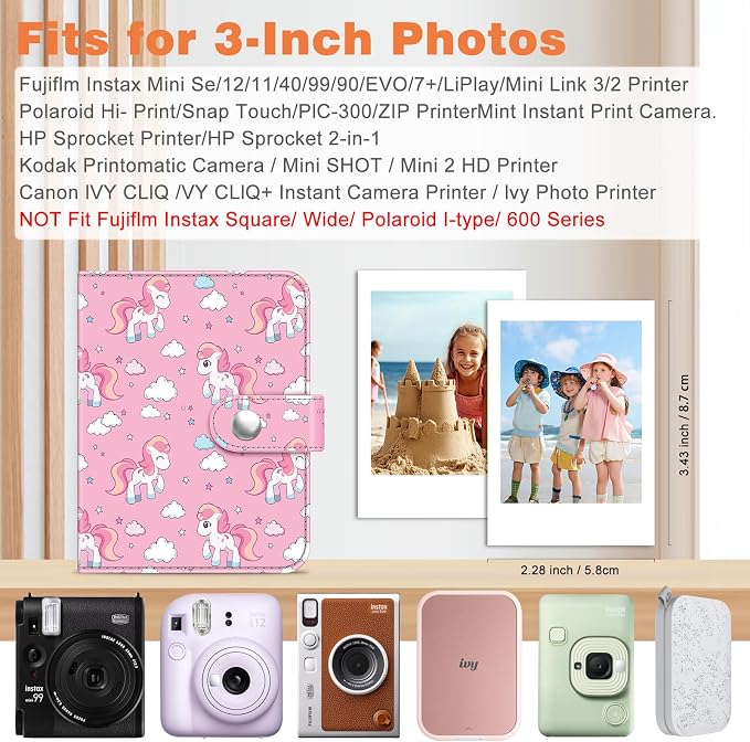 Fintie Mini Photos Album Book for 2x3 Inch Films - 52 Pockets Small Albums | For Fujifilm Instax Mini, Polaroid Hi-Print Pictures, Portable Kpop Photocard Holder, Travel Memory Book, Pink Horses - Image 3