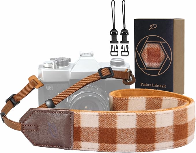 Padwa Lifestyle Camera Strap - 2" Full Grain Leather Ends Camera Straps for Photographers, Unique Vintage Cashmere and Soft Suede Fabric Padded Strap Quick Release fits All Cameras(Beige Brown Check) by PadwaLifestyleCameraStrap