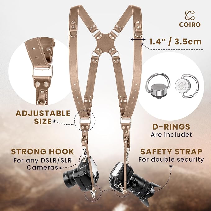 Dual Camera Harness Leather Camera Strap DSLR/SLR, All-Day Comfort - Image 2