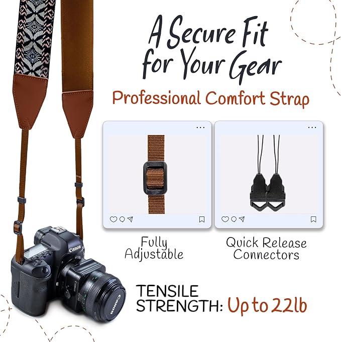 Art Tribute Camera Strap - Shoulder, Crossbody & Neck Camera Strap for Photographers, Fits All Cameras, Canon Nikon Sony Fujifilm, Padded Strap W/Quick Release, Embroidered Cotton & Leather Ends - Image 4