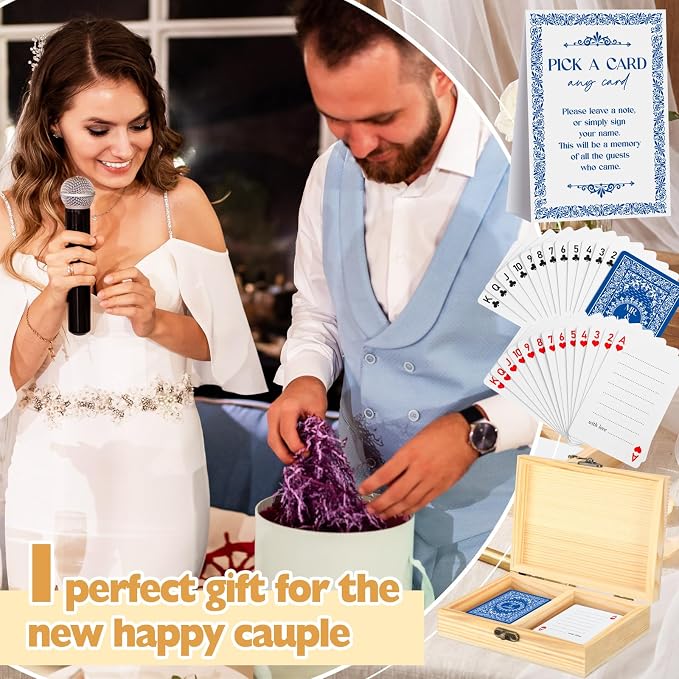 AceOrbit 57 Pack Blue Wedding Guest Book Playing Cards Set with Wooden Box | Navy Blue Wedding Signing Guestbook Alternative Personalized Blank Deck of Cards for Guest Reception Vegas Bridal Shower Game - Image 6