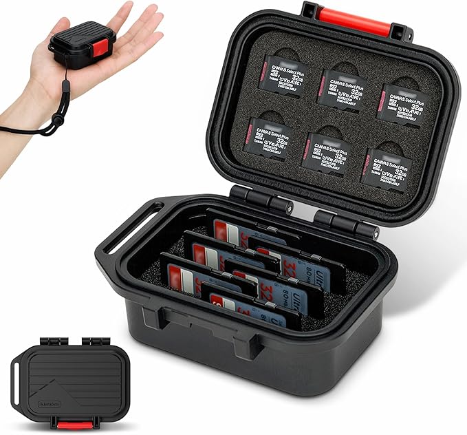 Portable Small IP67 Waterproof Memory Card Case with 12 Slots | Waterproof,with Strap,Vertical Design,Travel Camera Memory Card Holder,for 6 SD SDXC SDHC CFexpress Type A & 6 TF MSD Cards by Kiorafoto