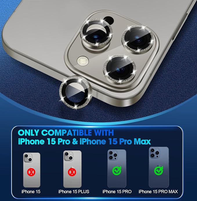 for iPhone 15 Pro/15 Pro Max Camera Lens Protector Glitter, Gray | Individual Metal, 9H Hardness, Scratch Resistant, Shockproof, Drop Protection, Case Friendly, Stylish Accessories - Image 2