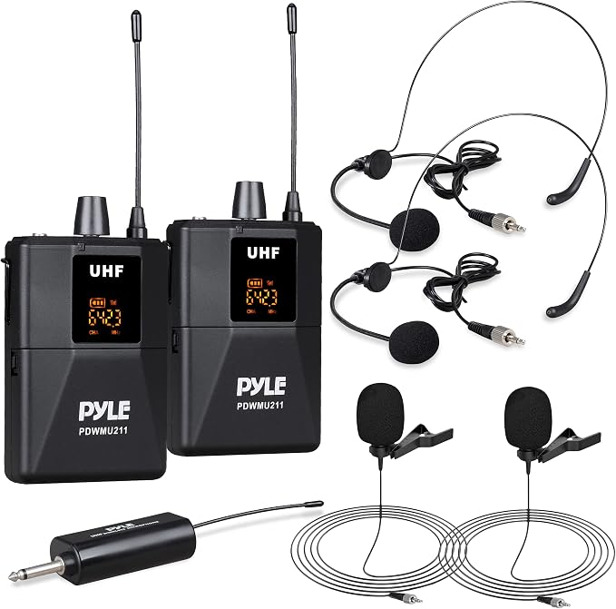 Pyle Dual UHF Microphone System - Portable Professional Cordless Microphone Set Wireless Mic Kit w/Headset / Lavalier Mic, Beltpack Transmitter, Receiver - Karaoke & Conference - Pyle PDWMU211,Black by PyleUSA