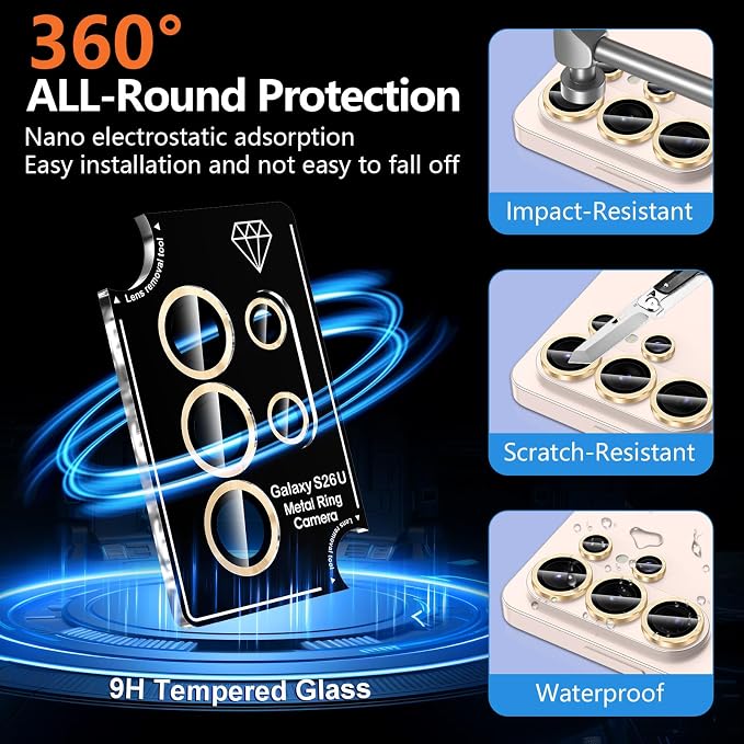 for Samsung Galaxy S26 Ultra Camera Lens Protector, Individual Metal Ring Tempered Glass Lens Cover, [Strong Adsorption] Scratch Resistant Ultra-Thin HD Clear Lens Cover, 1 Set-Gold - Image 2