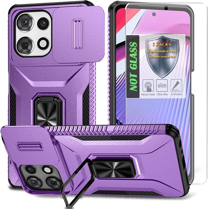 for Moto G Play 5G 2025 Case with Sliding Camera Lens Cover,HD Screen Protector,360° Rotating Ring Kickstand,AYMECL Military-Grade Shockproof Protective Cover for Motorola G Power 2025,Purple by AYMECL