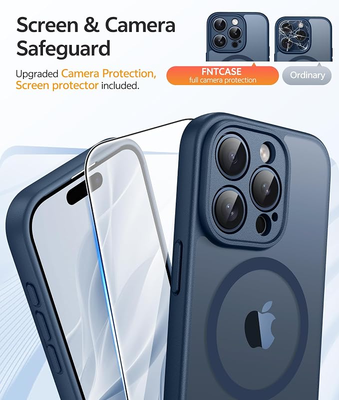 FNTCASE for iPhone 15 Pro Case, Fit for Magsafe, Screen Protector, Blue | Full Camera Protection, Translucent Matte, 14FT Military Grade Drop Proof, Shockproof Protective Phone Cover - Image 4