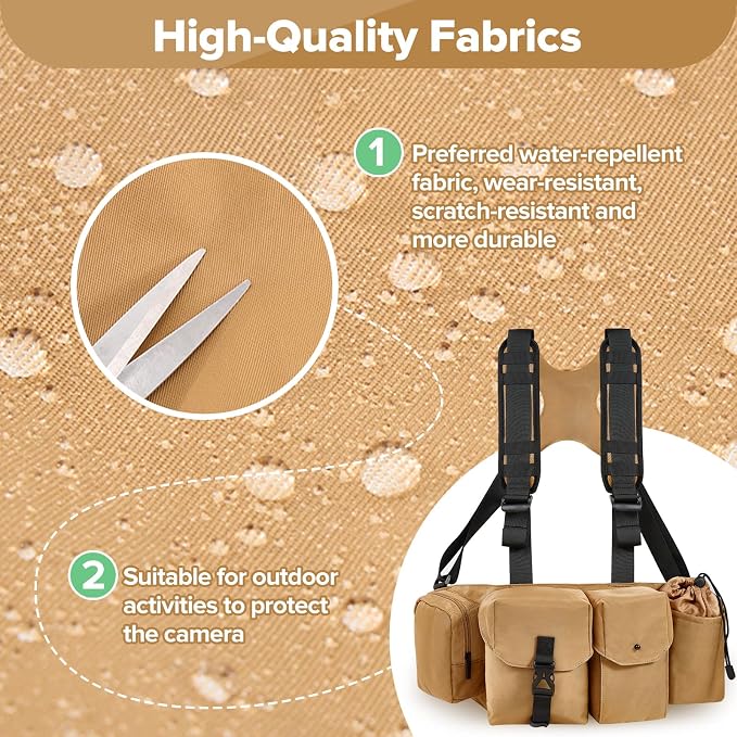 Camera Belt Camera Vest for Photographers,Vest Waist Pack for Lens | Multifunctional Camera Bag Adjustable Strap Suitable for Storing DSLR Camera Body Lens Smartphone Water Bottle(Khaki) - Image 6