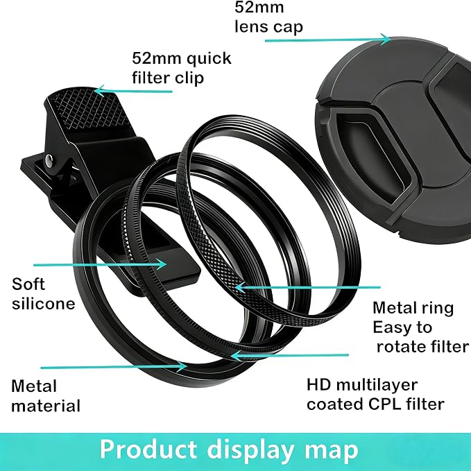 52mm Clip-On CPL Filter for iPhone Android Phone | Circular Polarizing Lens to Eliminate Glare & Boost Color, Optical Glass with Universal Clip Mobile Photography for iPhone 17 16 15 14 13 12 11 - Image 3