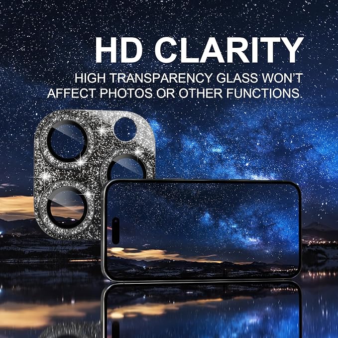 Choiche for iPhone 16 Pro/iPhone 16 Pro Max Camera Lens Protector | Bling Camera Cover with 9H Tempered Glass Lens Screen Protector Metal Ring Decoration Accessories (Glitter-Black) - Image 5