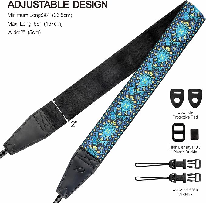 Padwa Lifestyle Camera Strap - 2" Full Grain Leather Ends Camera Straps for Photographers, Vintage Embroidered Cotton Weave Soft Suede Fabric Padded Strap Quick Release fits All Cameras - Image 6