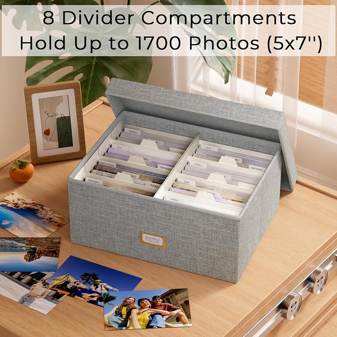 Decorative Photo Storage Box, Linen Photo Box Holds 1700 5x7 Pictures Grey | Photo Storage Containers with 8 Dividers, Memory Keepsake Organizer for Photos, Scrapbook Supplies, Cards, Stamps,Archive Box - Image 2