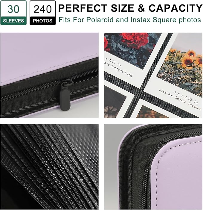 Large Polaroid Photo Album Binder, 240 Pockets. Lilac Purple | Fits Polaroid i-Type, 600, SX-70 and Instax Wide 3.5x4.25 films. Acid-free pages protect photos for long-term storage. - Image 4
