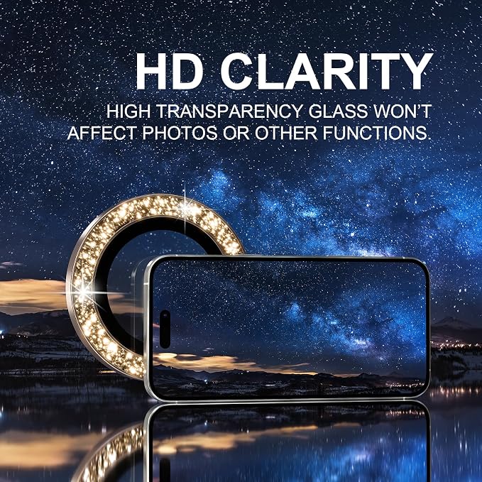 Choiche for iPhone 16 Pro/iPhone 16 Pro Max Camera Lens Protector | Ultra HD, Bling 9H Tempered Glass Camera Cover Screen Protector Metal Ring Decoration Accessories (Glitter-Gold) - Image 4