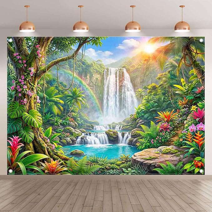 Fabric 7x5ft Rainforest Backdrop Tropical Jungle Waterfall Banner | Summer Event Natural Scenery Photography Background, Kids Adult School Party Decorations, Photo Props, Polyester, Grommets - Image 2
