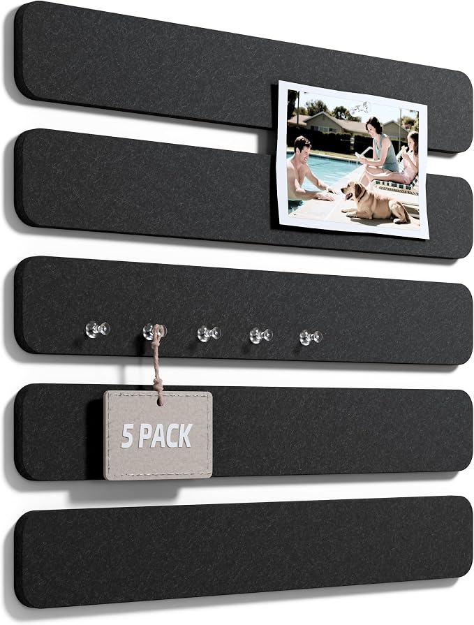 Fluxynara 13" x 2" Felt Wall Panels, Black | 5-Pack Includes 35 Push Pins and Adhesive Tabs for Photos, Notes and Decor in Bedroom Doors, Home Office or Studios by FLUXYNARA