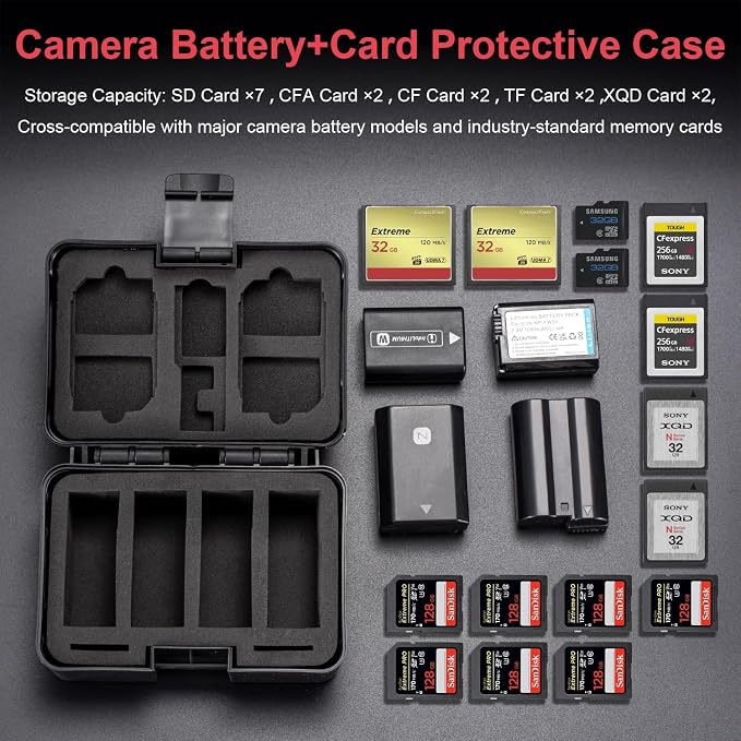 FOMITO Camera Battery Case & Memory Card Organizer - Holds 7 SD Cards 2 CFast 2 CF 2 Micro SD 2 XQD - Water-Resistant Shockproof Hard Shell Storage Box (Black Red) - Image 4