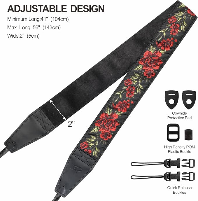 Padwa Lifestyle Camera Strap - 2" Full Grain Leather Ends Camera Straps for Photographers, Vintage Embroidered Cotton Weave Soft Suede Fabric Padded Strap Quick Release fits All Cameras - Image 6