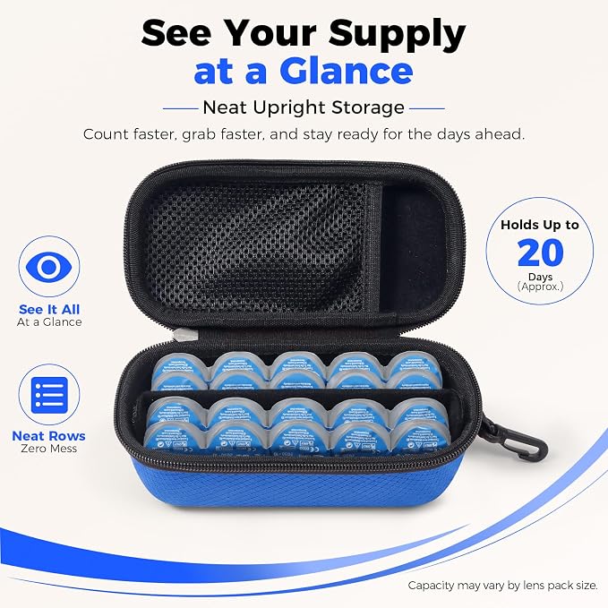WOMACO Daily Contact Lens Case, Hard Shell Portable Contact Lens Travel Box for Disposable Daily Lenses, Left Right Separated Contact Lens Storage Organizer with Mesh Pocket (Blue, for 40 pieces) - Image 4