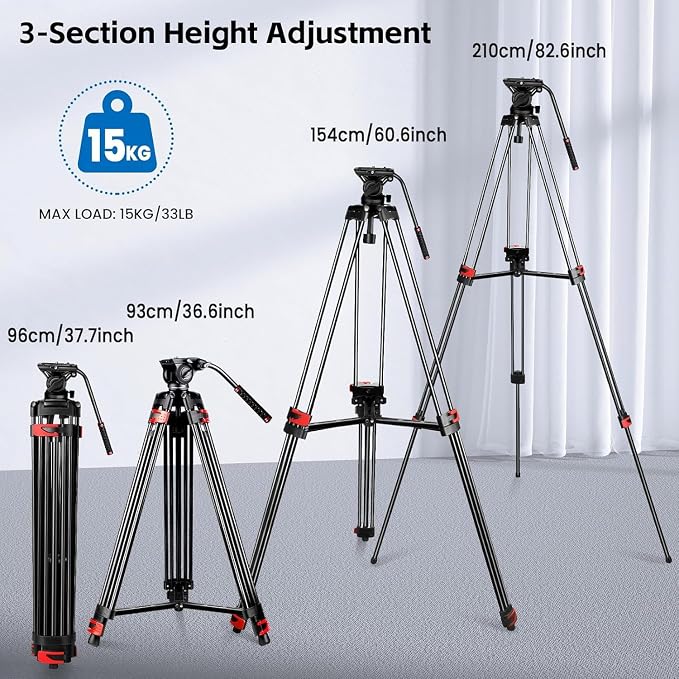 Mactrem 82"/210cm Fluid Head Tripod - Heavy Duty Video Tripod for Camera | Aluminum alloy, 33lb load capacity, 210cm max height, compatible with Canon/Nikon/Sony DSLR, camcorders, telescopes - Image 2