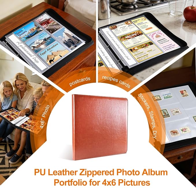 4x6 Photo Album for 3-Ring Binder – Zippered Leather Picture Albums Kit with 20 Page Protectors, Holds 200 Mixed Layout Photos, Large Capacity Family Wedding Anniversary Baby Album Book, Brown - Image 6
