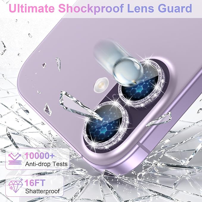 YWXTW [All-Over Glitter Camera Lens Protector for iPhone 17/iPhone 16/iPhone 16 Plus, 9H Tempered Glass Camera Lens Cover, Anti-Scratch Case Friendly(Purple) - Image 3