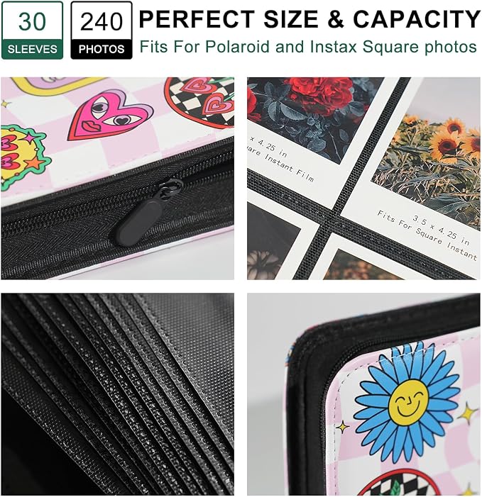 Large Polaroid Photo Album Binder, 240 Pockets. Girly Texture | Fits Polaroid i-Type, 600, SX-70 and Instax Wide 3.5x4.25 films. Acid-free pages protect photos for long-term storage. - Image 4
