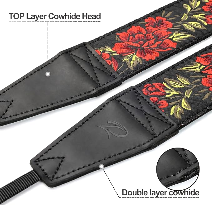 Padwa Lifestyle Camera Strap - 2" Full Grain Leather Ends Camera Straps for Photographers, Vintage Embroidered Cotton Weave Soft Suede Fabric Padded Strap Quick Release fits All Cameras - Image 2