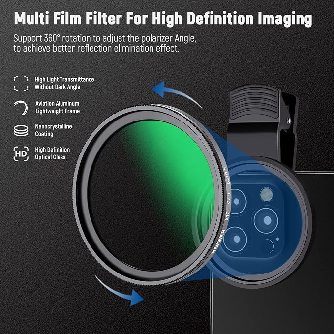 NEEWER 52mm CPL Filter for Phone, Clip On Circular Polarizing Lens Filter with Phone Clip, Case & Cleaning Cloth Compatible with iPhone 17 16 Android Samsung Galaxy S25 Ultra Camera, FL-26 - Image 3