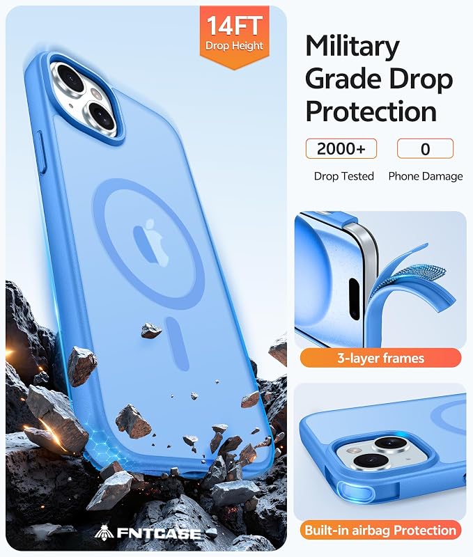 FNTCASE for iPhone 15/14/13 Case, Fit for Magsafe, Glass Screen Protector | Translucent Matte, Magnetic Phone Cases, 14FT Military Grade Drop Protection, Slim Shockproof Protective Cover, Ice Blue - Image 5