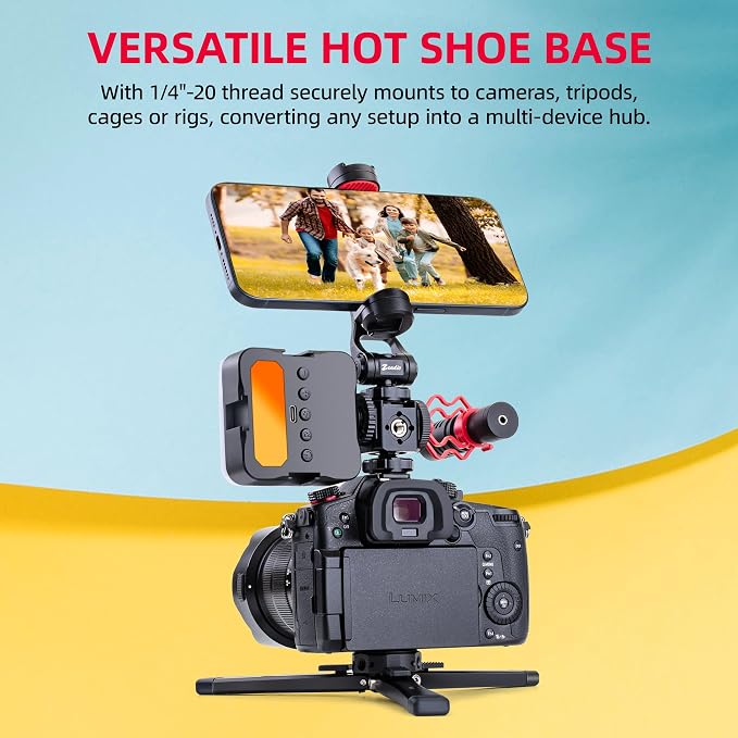 Zeadio Universal Camera Mount with 3 Cold Shoe Mounts, Hot Shoe Base & 1/4"-20 Thread | Built-in Level | Multi-Device Monitor/Light Mount Holder - Image 5