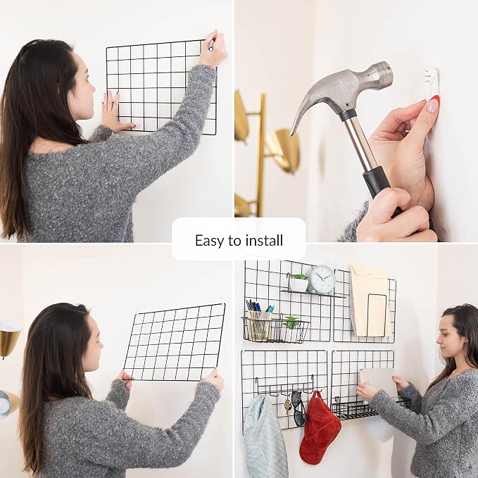 ODOXIA 4 Pack Wire Wall Grid Panel With Accessories | Includes Hanging Baskets, Letter Sorter, Shelf & Hook Rack | Grid Wall Panels | Photo Grid | Hanging Home, Office & Kitchen Décor - Image 4