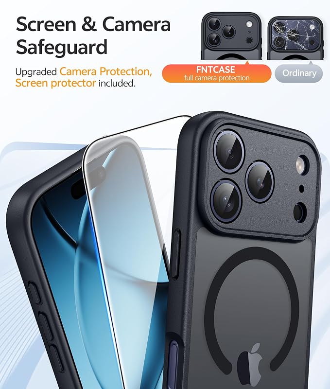 FNTCASE for iPhone 17 Pro Case, Fit for Magsafe, Screen Protector, Black | Full Camera Protection, Translucent Matte, 14FT Military Grade Drop Proof, Shockproof Protective Phone Cover - Image 4
