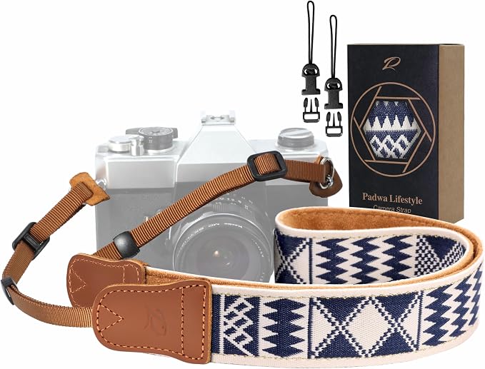Padwa Lifestyle Diamonds Camera Strap - 1.5" Crazy Horse Cowhide Ends Camera Straps for Photographers, Cute Cotton Weave Soft Suede Fabric Padded Strap fits All Cameras for Adults & Kids by PadwaLifestyleCameraStrap