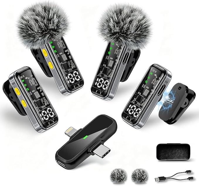 4 Pack Wireless Mini Lavalier Microphones for iPhone, Android iPad | Noise Reduction & LED Digital Display, Magnetic Mini Mic for Video Recording Vlogging YouTube Podcast Interview by Giconino