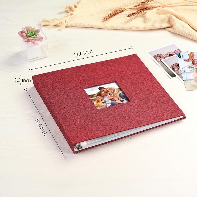 Mublalbum 10x10 Inch 3 Ring DIY Scrapbook Photo Album 40 Pages, Red | 3 Ring Binder Scrapbook, Linen Cover, 20 Plastic Sleeves 40 Pages, Memory Book for Wedding, Baby, Family, DIY Projects - Image 2