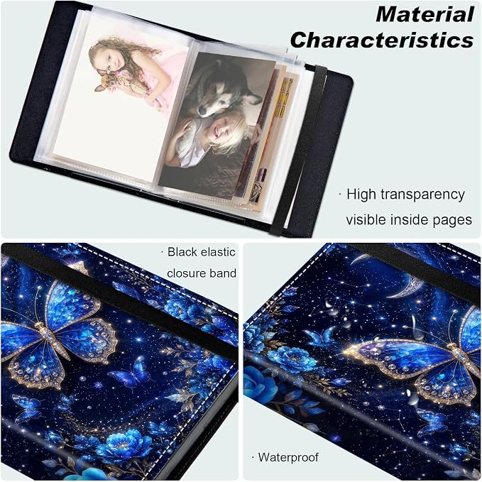 Small Photo Album 4x6, 60 Pockets Holds 120 Photos, Slip-in Pocket Photo Storage Book with Black Elastic Band for Family Wedding Baby Travel Pictures, Blue Starry Diamond Butterfly - Image 5