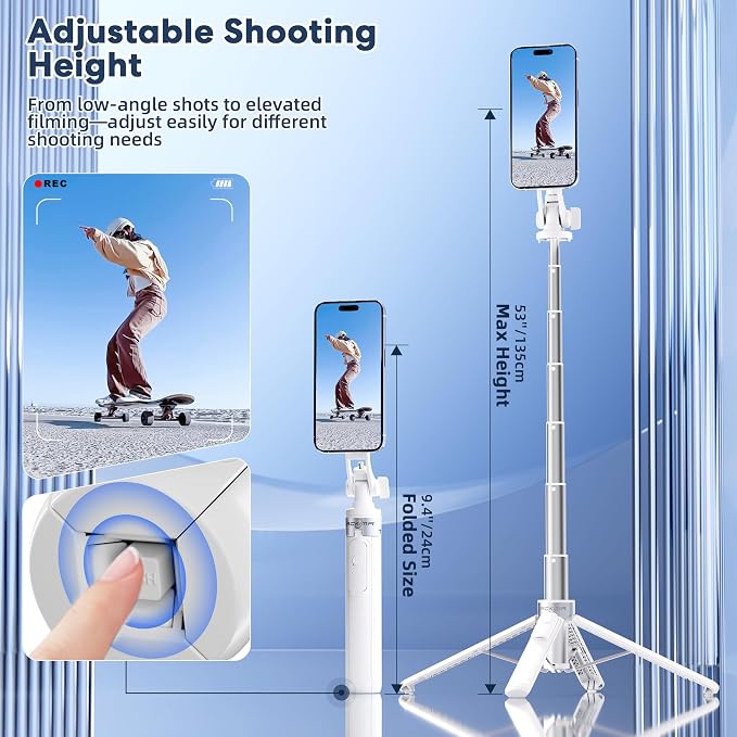 53''Magnetic Selfie Stick Tripod for iPhone Andiod with 1/4" Screw Mount | Cell Phone Tripod with Wireless Remote, 4-Leg Stable Base Tripod for IPhone 17 Pro Video Recording,TikTok Creator,Vlog,Travel - Image 4