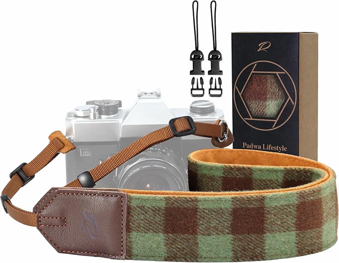 Padwa Lifestyle Camera Strap - 2" Full Grain Leather Ends Camera Straps for Photographers,Unique Vintage Cashmere and Soft Suede Fabric Padded Strap Quick Release fits All Cameras(Matcha Green Check) by PadwaLifestyleCameraStrap
