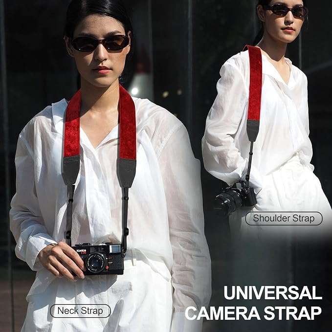 Padwa Lifestyle Velvet Camera Strap - 2" Double Layer Full Grain Cowhide Leather Head Camera Straps for Photographers,Unique Soft Velvet Fabric with Quick Release fits all Cameras - Ruby Red - Image 2