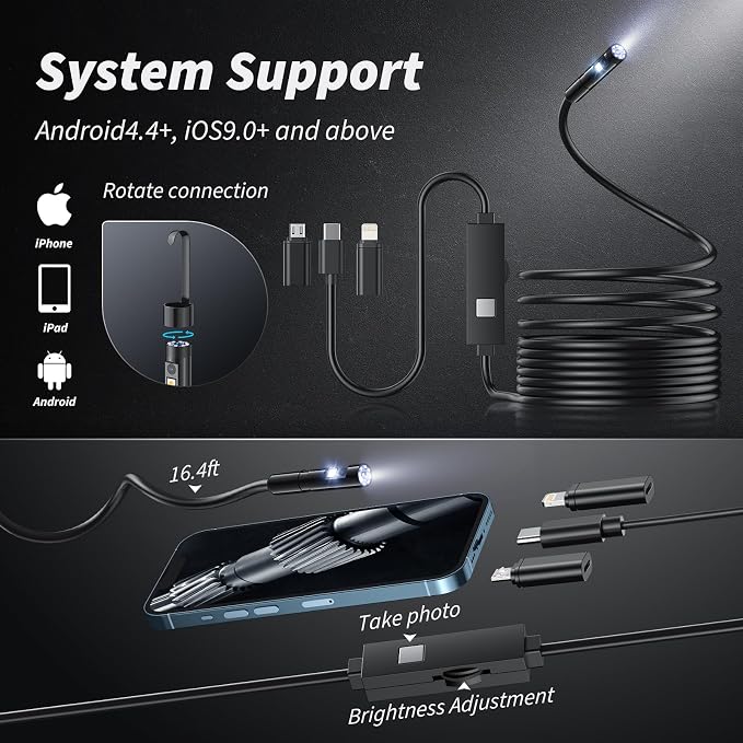 Endoscope Camera with Light, 1920P HD Bore Scope Borescope with 8 Lights, Waterproof 16.4FT Semi-Rigid Cord for Pipe Inspection, Industrial Endoscope for Phones(Dual Lens) - Image 7