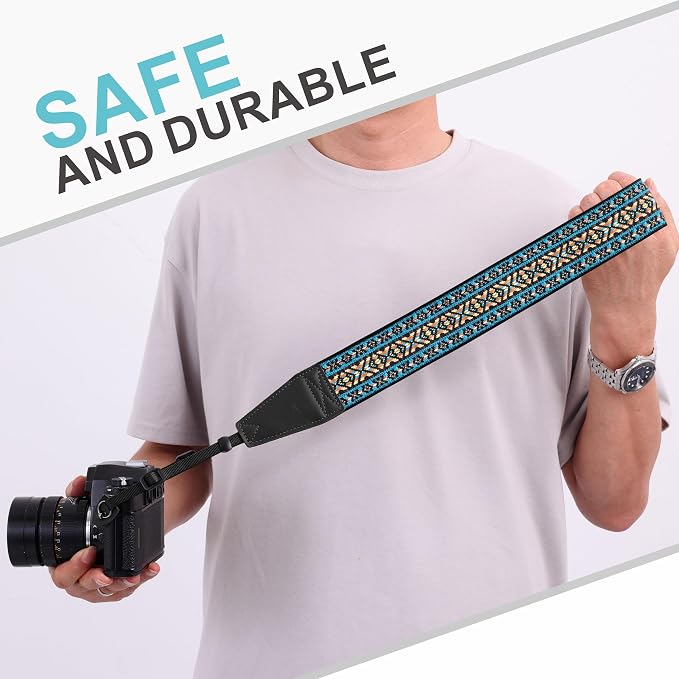 Padwa Lifestyle Boho Blue Camera Strap - 2" Full Grain Leather Ends Camera Straps for Photographers, Vintage Embroidered Cotton Weave Soft Suede Fabric Padded Strap Quick Release fits All Cameras - Image 7