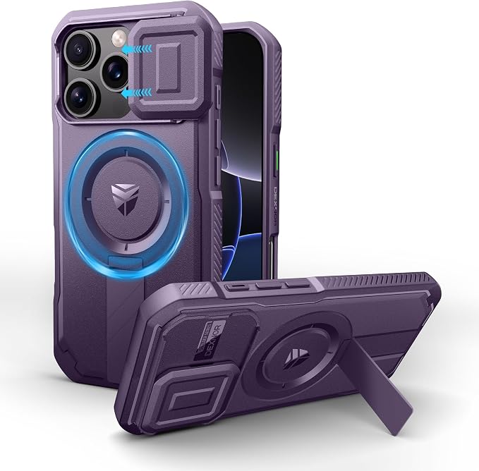Dexnor for iPhone 16 Pro Case with Slide Camera Cover & Adjustable Kickstand, Magnetic Rugged Shockproof Bumper Cases Heavy-Duty Mangetic Protective Cover,Phantom Purple by Dexnor