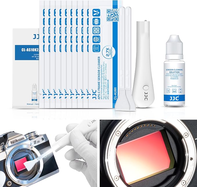 Upgraded Camera Sensor Cleanning Kit Cleaner Set with Bright Built in Light Cleaning Handle & 10PCS 16MM APS-C Sensor Cleaning Swabs & Sensor Cleaning Solution for APS-C Frame CCD and CMOS Sensors by JJC