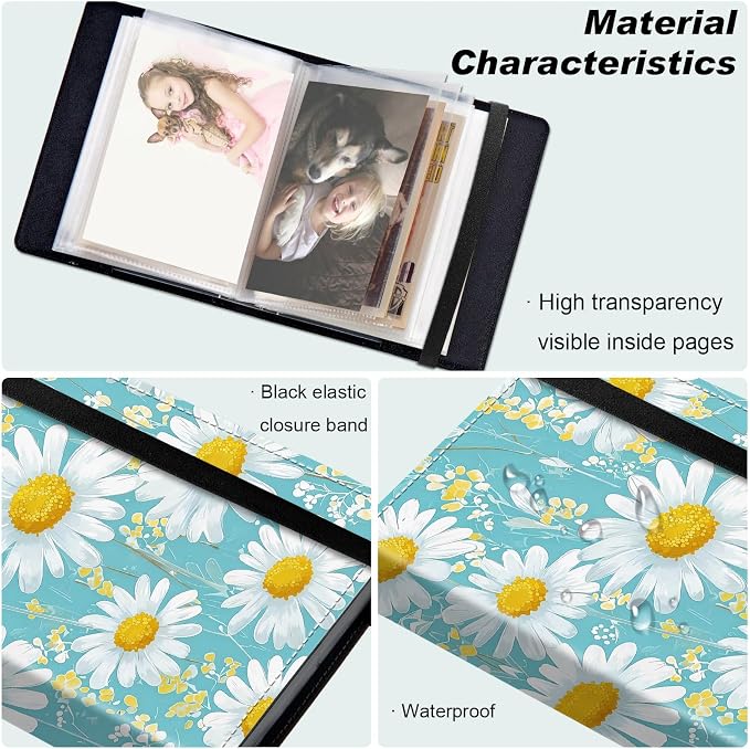 Small Photo Album 5x7, 60 Pockets Holds 120 Photos, Slip-in Pocket Photo Album with Black Elastic Band for Family Wedding Baby Travel Pictures, White Daisy Floral - Image 5