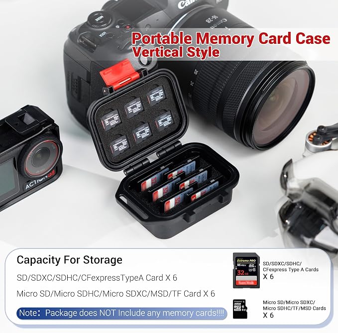 Portable Small IP67 Waterproof Memory Card Case with 12 Slots | Waterproof,with Strap,Vertical Design,Travel Camera Memory Card Holder,for 6 SD SDXC SDHC CFexpress Type A & 6 TF MSD Cards - Image 2