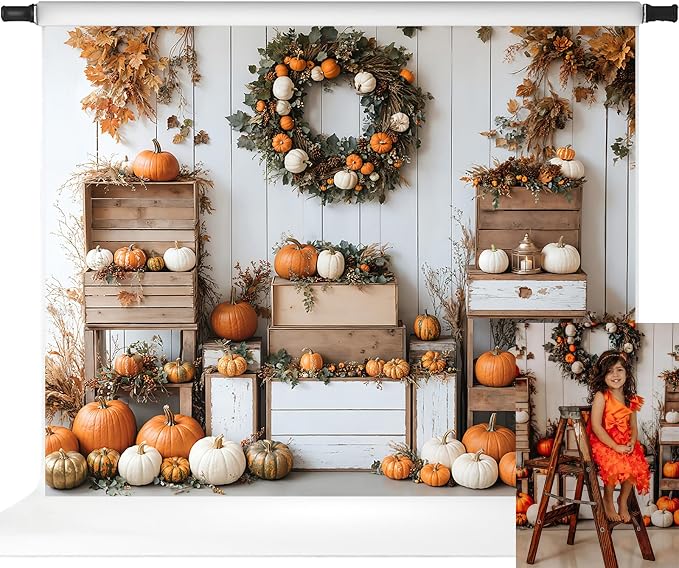 Kate Fall Backdrops White Background Autumn Party Decorations Pumpkins Thanksgiving Festival Photo Backdrop, 10x8ft by KateBackdropforPhotography