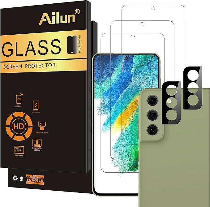 Ailun Screen Protector + Camera Lens Protector for Galaxy S21fe, 3+2 Pack | Tempered Glass, Fingerprint Unlock Compatible, 0.33mm Ultra Clear, Anti-Scratch, Case Friendly by Ailun