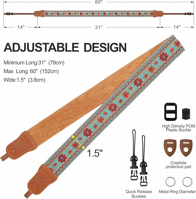 Padwa Lifestyle Embroidered Floral Camera Strap - 1.5" Crazy Horse Cowhide Ends Camera Straps for Photographers, Cute Cotton Weave Soft Suede Fabric Padded Strap fits All Cameras for Adults & Kids - Image 6