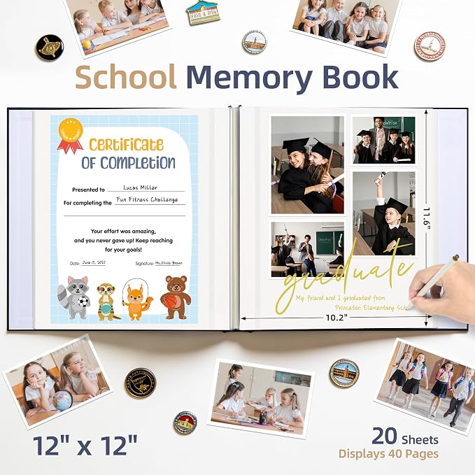 Large School Photo Album 12x12In Self Adhesive 40 Pages Gray Blue | Linen cover, Marker, Corner stickers, School memories, Kids keepsake - Image 2